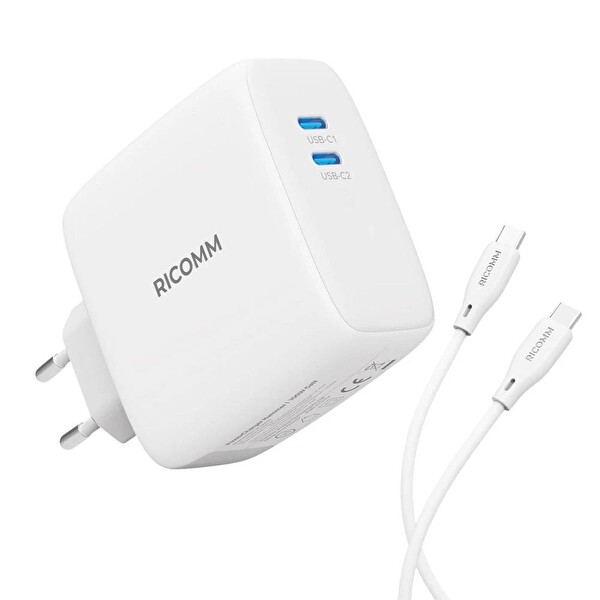 Ricomm 100W GaN 2 Portlu USB-C Şarj Aleti QC5.0 PD Type-C Hızlı Şarj Cihazı + 100W Şarj Kablosu
