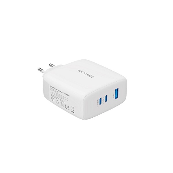 Ricomm 100 W GaN 3 Portlu USB-C + USB-A Şarj Aleti QC5.0 PD Type-C Hızlı Şarj Cihazı ve 100 W Şarj Kablosu