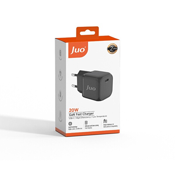 Juo 20 W GaN USB-C Şarj Aleti iPhone - iPad - Android Uyumlu PD QC4.0 Type-C Siyah Hızlı Şarj Cihazı