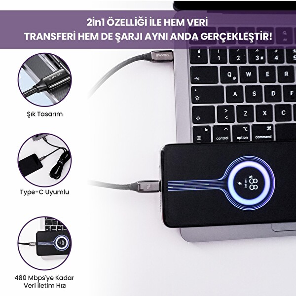 Usams US-SJ581 PD3.1 Type-C To Type-C Çinko Alaşım 240W Hızlı Şarj ve Data Kablosu 2 M