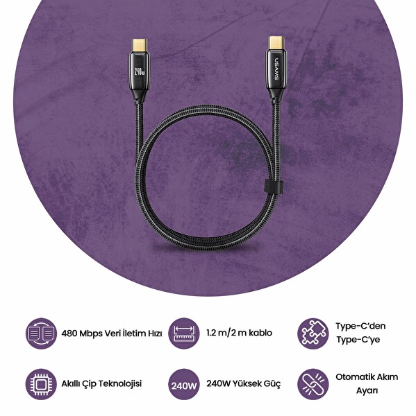 Usams US-SJ581 PD3.1 Type-C To Type-C Çinko Alaşım 240W Hızlı Şarj ve Data Kablosu 2 M