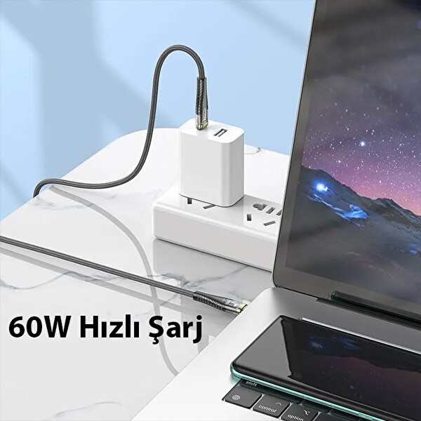 Hoco U121 Gold Standard Transparent Discovery Edition 60W Type-C to Type-C Hızlı Şarj ve Data Kablosu 1.2 M