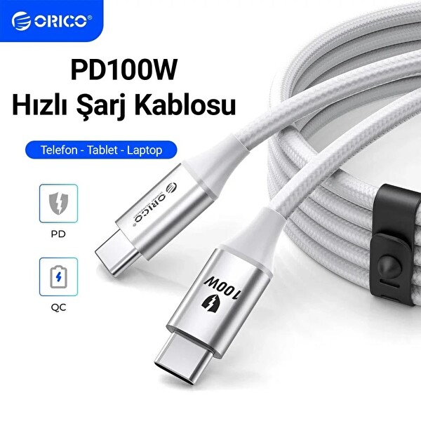 Orico CDX-100CC-WH-BP 100W 5A PD Type-C to Type-C Hızlı Şarj ve Data Kablosu 1 Metre Beyaz