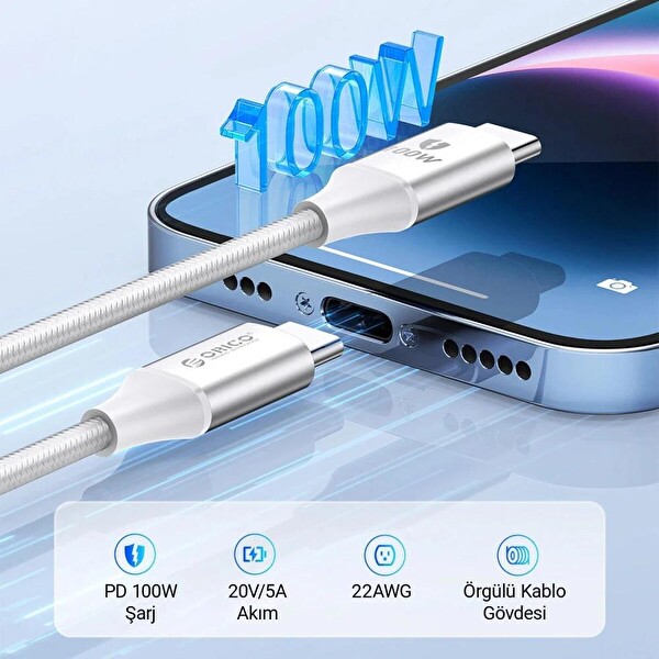 Orico CDX-100CC-WH-BP 100W 5A PD Type-C to Type-C Hızlı Şarj ve Data Kablosu 1 Metre Beyaz