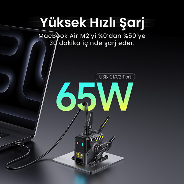 GravaStar Alpha65 Gri Robot Figürlü 65W Hızlı Şarj Adaptörü