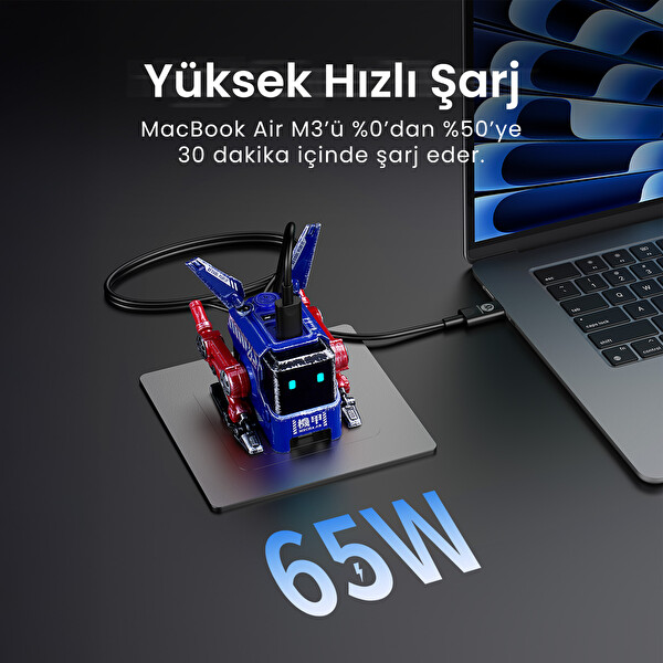 GravaStar Alpha65 Mavi Özel Seri Robot Figürlü 65W Hızlı Şarj Adaptörü