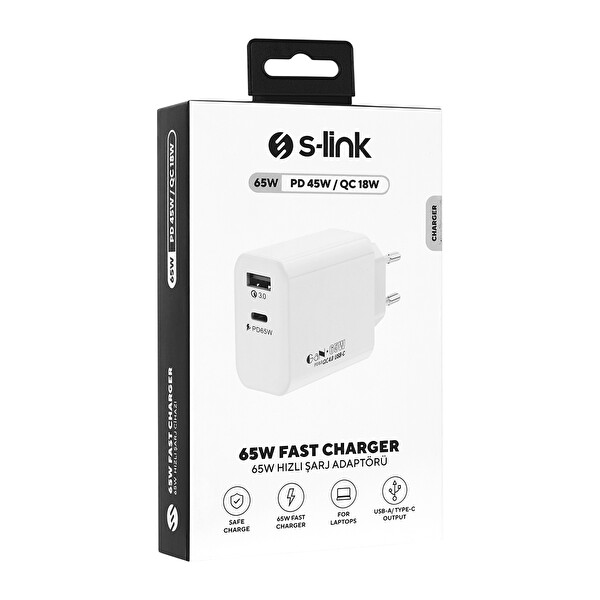 S-Link SL-EC69 GAN PD 65W / QC 18W Type USB-C USB A Hızlı Beyaz Ev/Notebook Şarj Adaptör