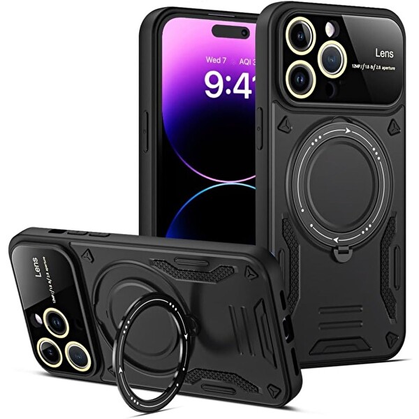 Newface iPhone 16 Pro Uyumlu Siyah Joy Entegre Standlı Kamera ve Ekran Korumalı Kılıf