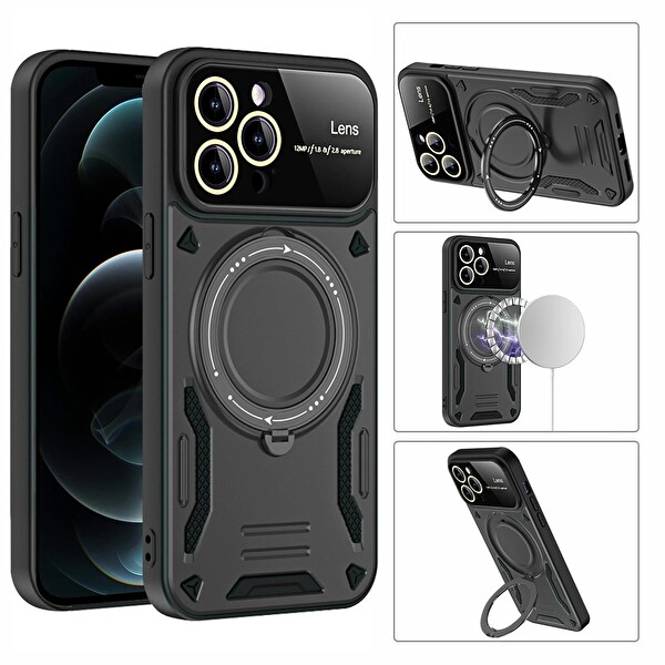 Newface iPhone 16 Pro Uyumlu Siyah Joy Entegre Standlı Kamera ve Ekran Korumalı Kılıf