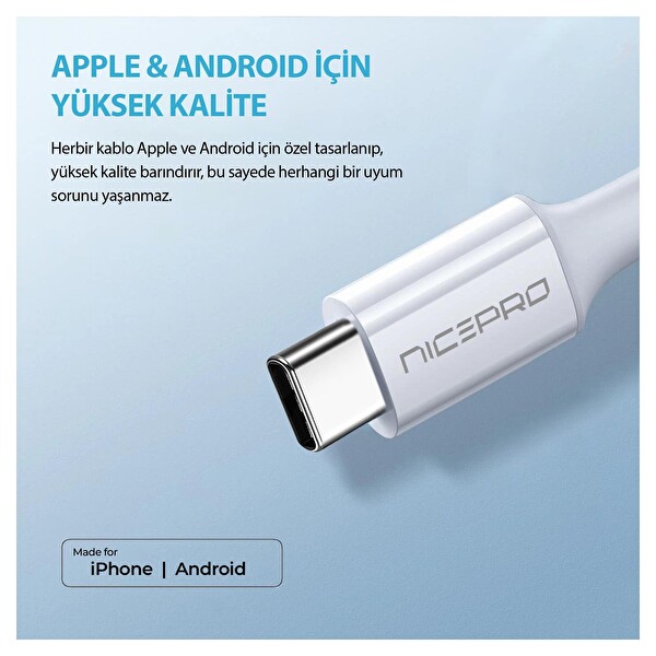 NPO CTC02 60W TPE Type-C to Type-C 20 CM Hızlı Şarj ve Data Kablosu Beyaz