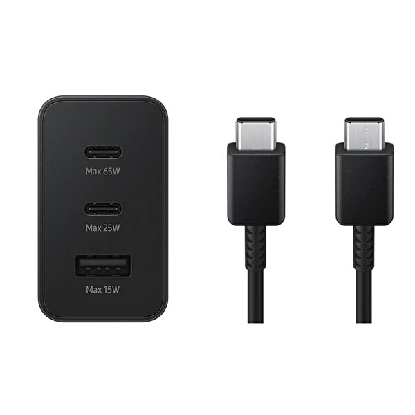 Samsung 3in1 65W 2xPD USBA 3 Çıkışlı Şarj Aleti - 60W Type-C To Type-C Hızlı Data ve Şarj Kablo 1.8M Siyah