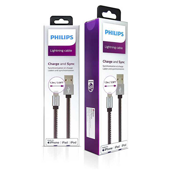 Philips Apple MFI Lisanslı UsbA to Lightning Deri Kaplama 1.2 Metre Hızlı Data ve Şarj Kablosu DLC2508B