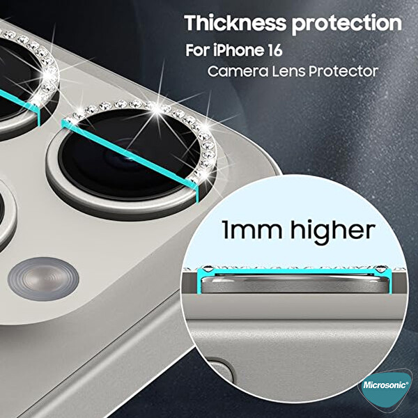 Microsonic Apple iPhone 16 Plus Tekli Diamond Taşlı Kamera Koruma Camı Siyah