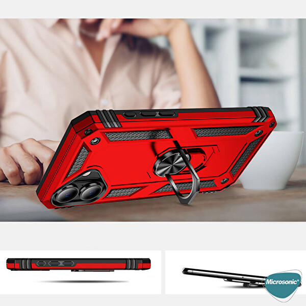 Microsonic Apple iPhone 16 Plus Kılıf Military Ring Holder Kırmızı