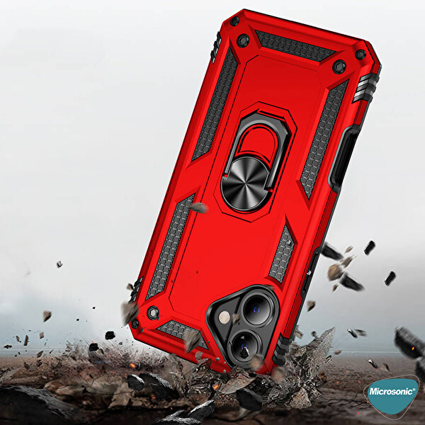 Microsonic Apple iPhone 16 Plus Kılıf Military Ring Holder Kırmızı