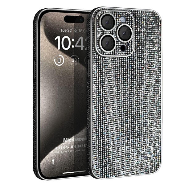 Microsonic Apple iPhone 14 Pro Max Kılıf Bling Rhinestones Koyu Gri