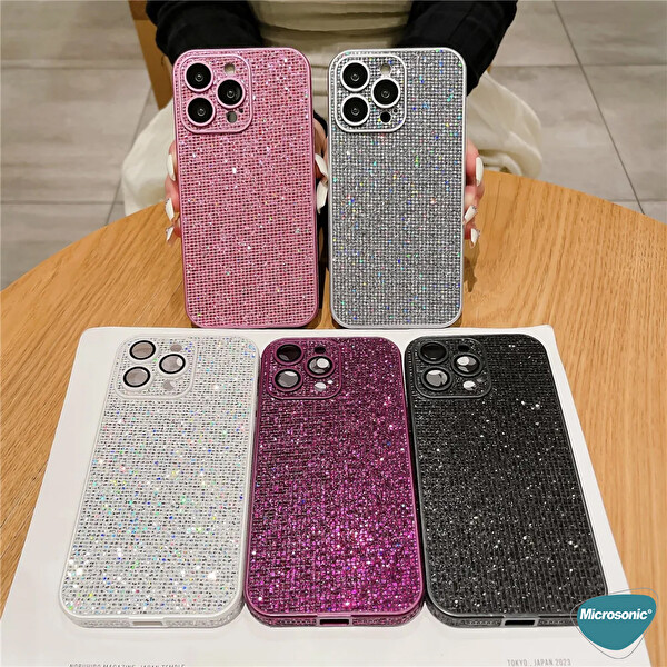 Microsonic Apple iPhone 14 Pro Max Kılıf Bling Rhinestones Koyu Gri