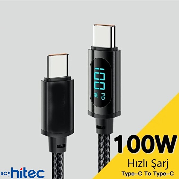 ScHitec PD100W 5A Type-C to Type-C Dijital Göstergeli Örgülü Hızlı Şarj Data Kablosu Siyah 1 M