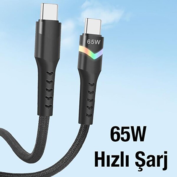 Ally AL65W Led Işıklı 65W Type-C to Type-C Hızlı Şarj Kablosu 1 M Siyah