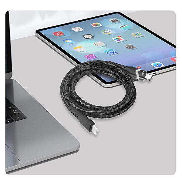 Ally AL65W Led Işıklı 65W Type-C to Type-C Hızlı Şarj Kablosu 1 M Siyah