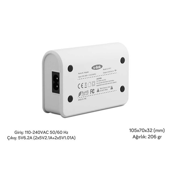S-Link SL-M10 31W 6.2A Usb Beyaz Şarj İstasyonu