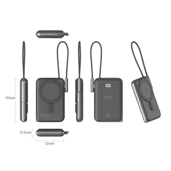 Juo JMP710-W Magsafe 10.000 mAh Standlı 20W Dahili Type-C Kablolu Taşınabilir Hızlı Şarj Siyah Powerbank