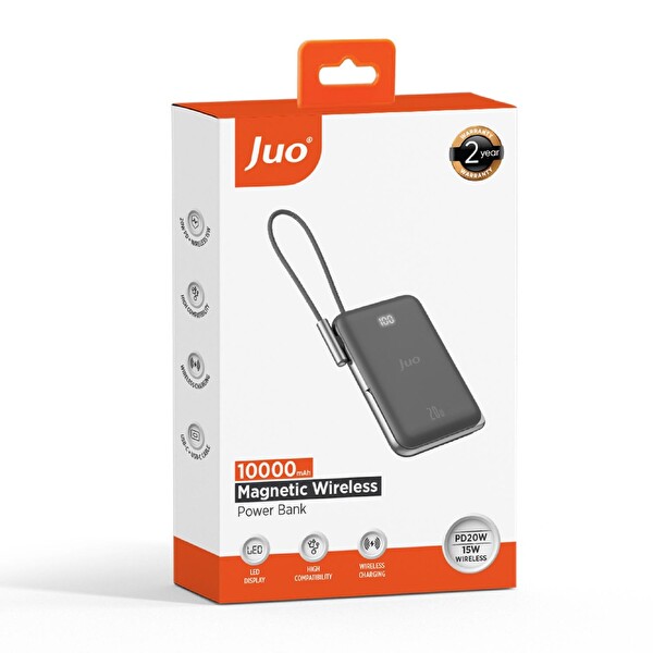 Juo JMP710-W Magsafe 10.000 mAh Standlı 20W Dahili Type-C Kablolu Taşınabilir Hızlı Şarj Siyah Powerbank