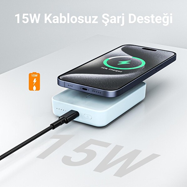Juo JMP510-W 10.000 mAh MagSafe Standlı PD20W Taşınabilir Kablosuz Hızlı Şarj Cihazı Powerbank Beyaz