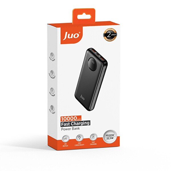 Juo JLP210-B 10.000 mAh 22.5W Dijital Led Ekranlı Taşınabilir Hızlı Şarj Cihazı Siyah