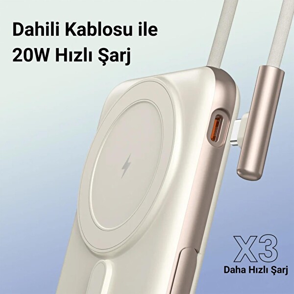 Juo JMP710-W Magsafe Powerbank 10000 mAh Standlı 20W Dahili Type-C Kablolu Taşınabilir Hızlı Şarj Cihazı Beyaz