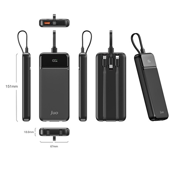 Juo JCP410-B 10.000 mAh 22.5W Led Ekranlı Lightning ve Type-C Kablolu Taşınabilir Hızlı Şarj Cihazı Siyah