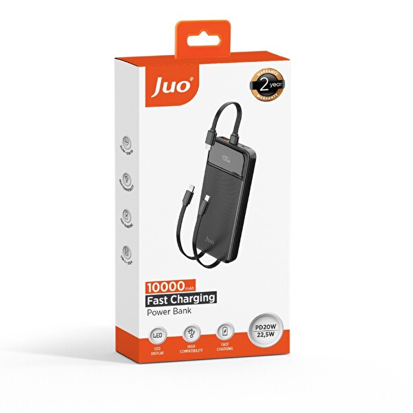 Juo JCP410-B 10.000 mAh 22.5W Led Ekranlı Lightning ve Type-C Kablolu Taşınabilir Hızlı Şarj Cihazı Siyah