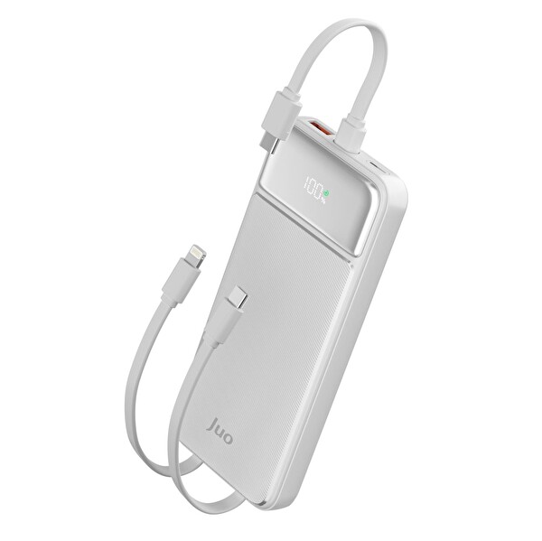 Juo JCP410-W 10.000 mAh 22.5W Led Ekranlı Lightning ve Type-C Kablolu Taşınabilir Hızlı Şarj Cihazı Beyaz