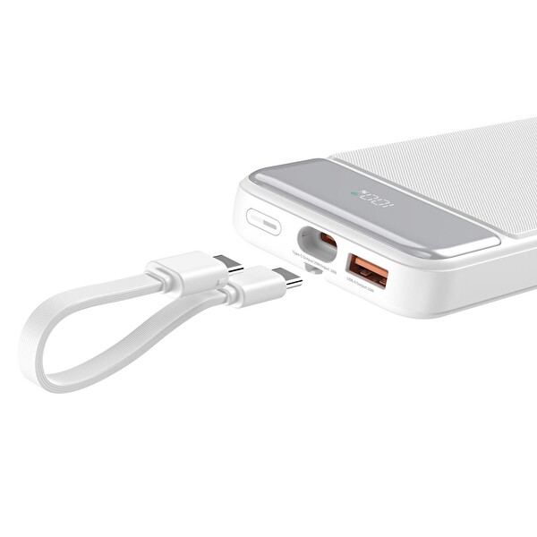 Juo JCP410-W 10.000 mAh 22.5W Led Ekranlı Lightning ve Type-C Kablolu Taşınabilir Hızlı Şarj Cihazı Beyaz