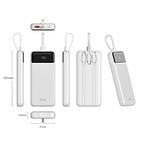 Juo JCP410-W 10.000 mAh 22.5W Led Ekranlı Lightning ve Type-C Kablolu Taşınabilir Hızlı Şarj Cihazı Beyaz
