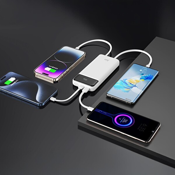 Juo JCP410-W 10.000 mAh 22.5W Led Ekranlı Lightning ve Type-C Kablolu Taşınabilir Hızlı Şarj Cihazı Beyaz