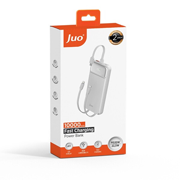 Juo JCP410-W 10.000 mAh 22.5W Led Ekranlı Lightning ve Type-C Kablolu Taşınabilir Hızlı Şarj Cihazı Beyaz