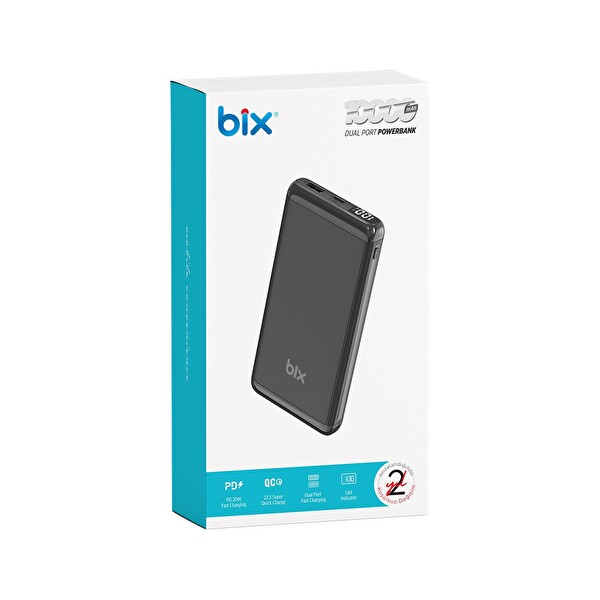 Bix BXPB107 10.000 mAh 20W PD Type-C ve USB-A SCP 22.5W QC 3.0 18W Çift Çıkışlı LED Ekranlı Powerbank Siyah