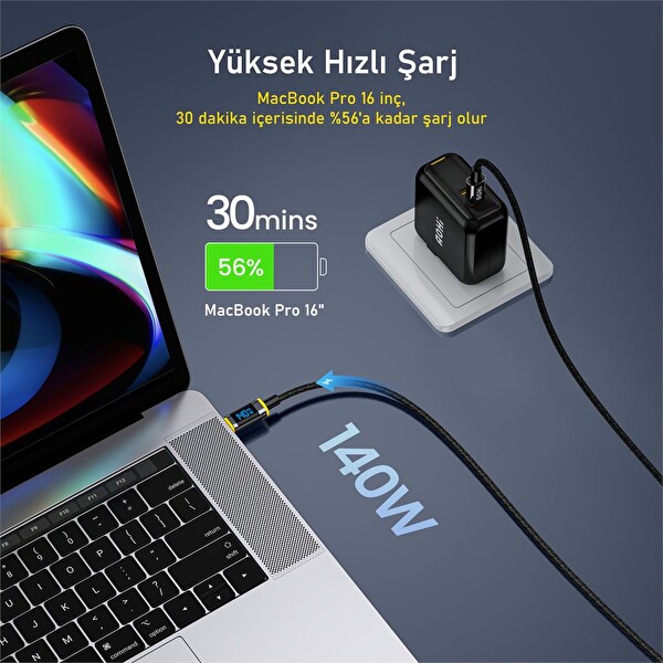 Aohi Magline Type-C To Type-C 140 W Pd3.1 Led Ekranlı Örgülü 1.2 M Süper Hızlı Şarj-Data Kablosu