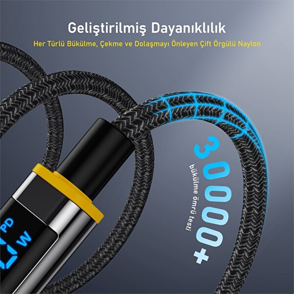 Aohi Magline Type-C To Type-C 140 W Pd3.1 Led Ekranlı Örgülü 1.2 M Süper Hızlı Şarj-Data Kablosu