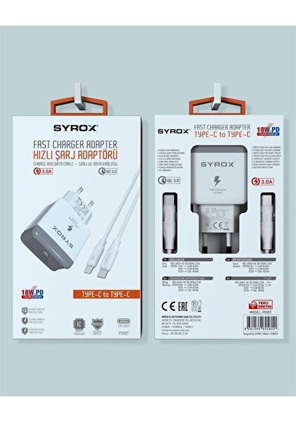 Syrox PD25T 3.0A 25W PD 1 M Type-C - Type-C Kablolu 1xType-C Çıkışlı Şarj Cihazı Beyaz