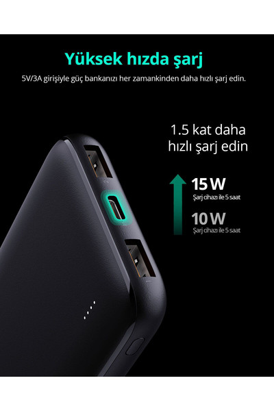 Aukey PB-N73-BK 15W 10.000 mAh Type-C İnce Powerbank Siyah
