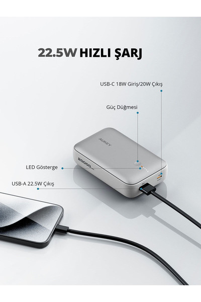 Aukey PB-Y57-WH 22.5W 20.000 mAh PD QC3.0 Type-C USB-A Powerbank Beyaz