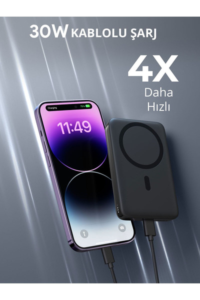 Aukey PB-MS02-GY 30W 10.000 mAh MagSafe Kablosuz Powerbank Siyah
