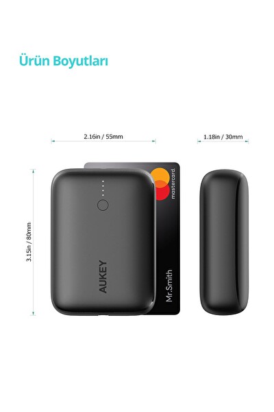 Aukey PB-N83S-BK 22.5W SCP 18W PD ve QC 3.0 10000 mAh PD Mini Type-C Powerbank Siyah