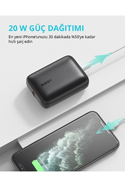 Aukey PB-N83S-BK 22.5W SCP 18W PD ve QC 3.0 10000 mAh PD Mini Type-C Powerbank Siyah