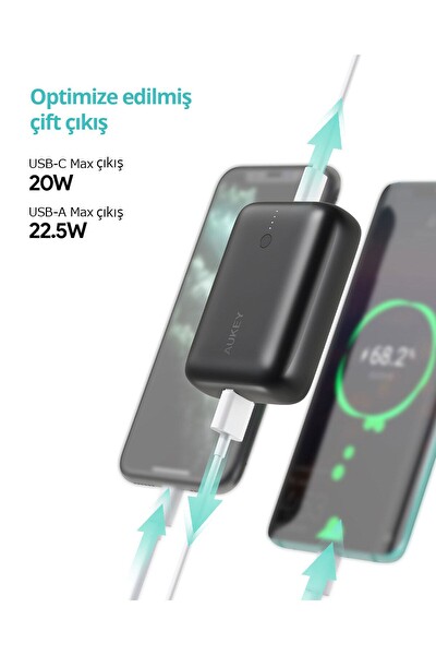 Aukey PB-N83S-BK 22.5W SCP 18W PD ve QC 3.0 10000 mAh PD Mini Type-C Powerbank Siyah