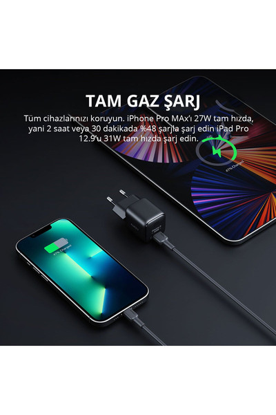 Aukey PA-B1L-BK 30 W Omnia Mini Gan Type-C Pd Şarj Adaptörü Siyah