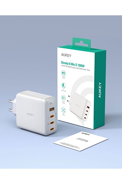 Aukey PA-B7S -WH 100 W Dört Bağlantı Noktalı Pd Gan Duvar Şarj Cihazı