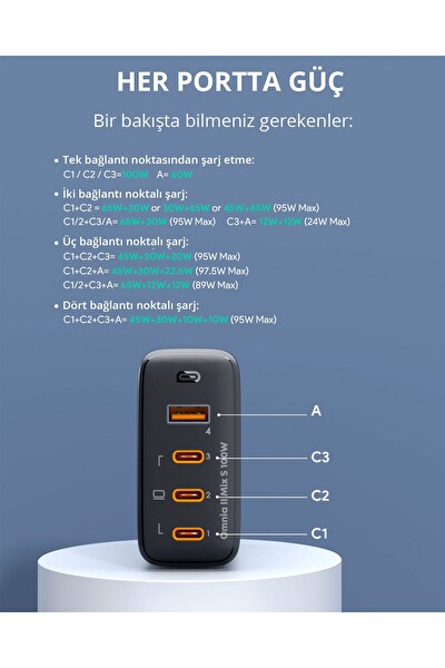 Aukey PA-B7S-BK 100 W Dört Bağlantı Noktalı Pd Gan Duvar Şarj Cihazı Uyumlu